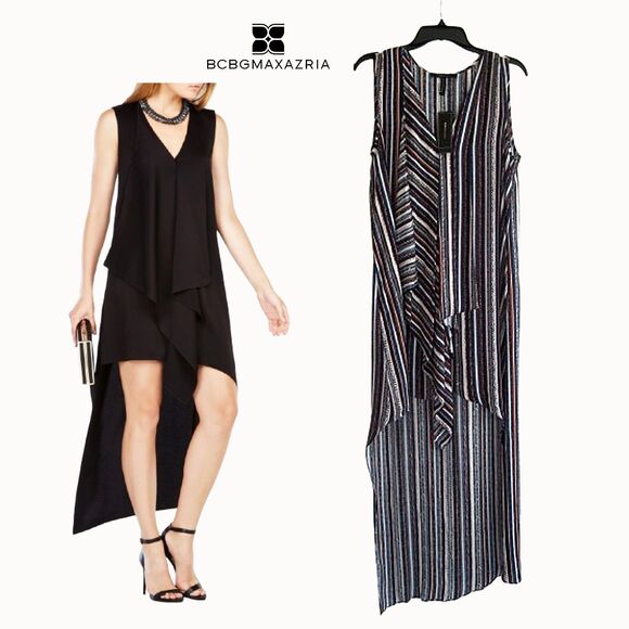 BCBGMAXARZRIA NEW TARA Stripe Cascading Ruffles Sleeveless Hi Lo Maxi Dress M - Picture 1 of 12